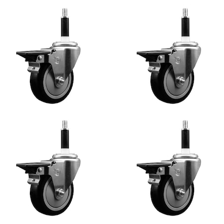 Service Caster 4'' Black Poly Swivel 7/8'' Expanding Stem Caster Set with Brake, 4PK SCC-EX20S414-PPUB-BLK-PLB-78-4